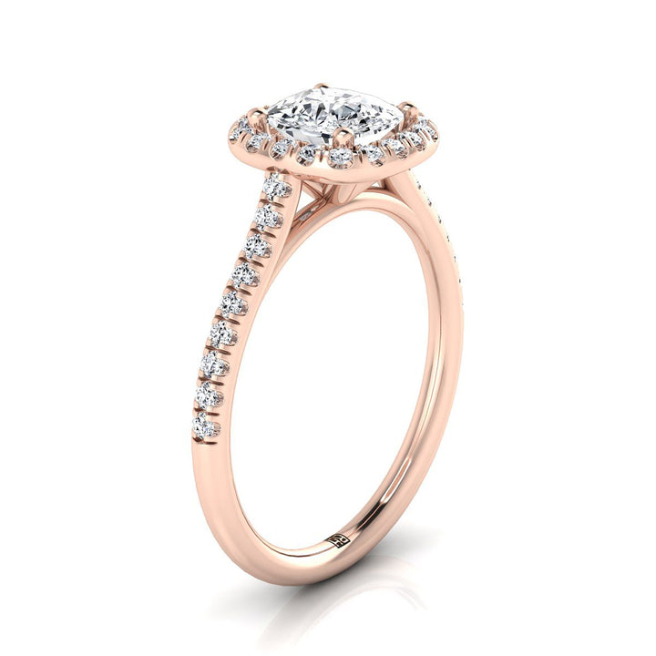 Classic Prong Halo Cushion, in 14K Rose Gold, pave setting – side profile | RockHer