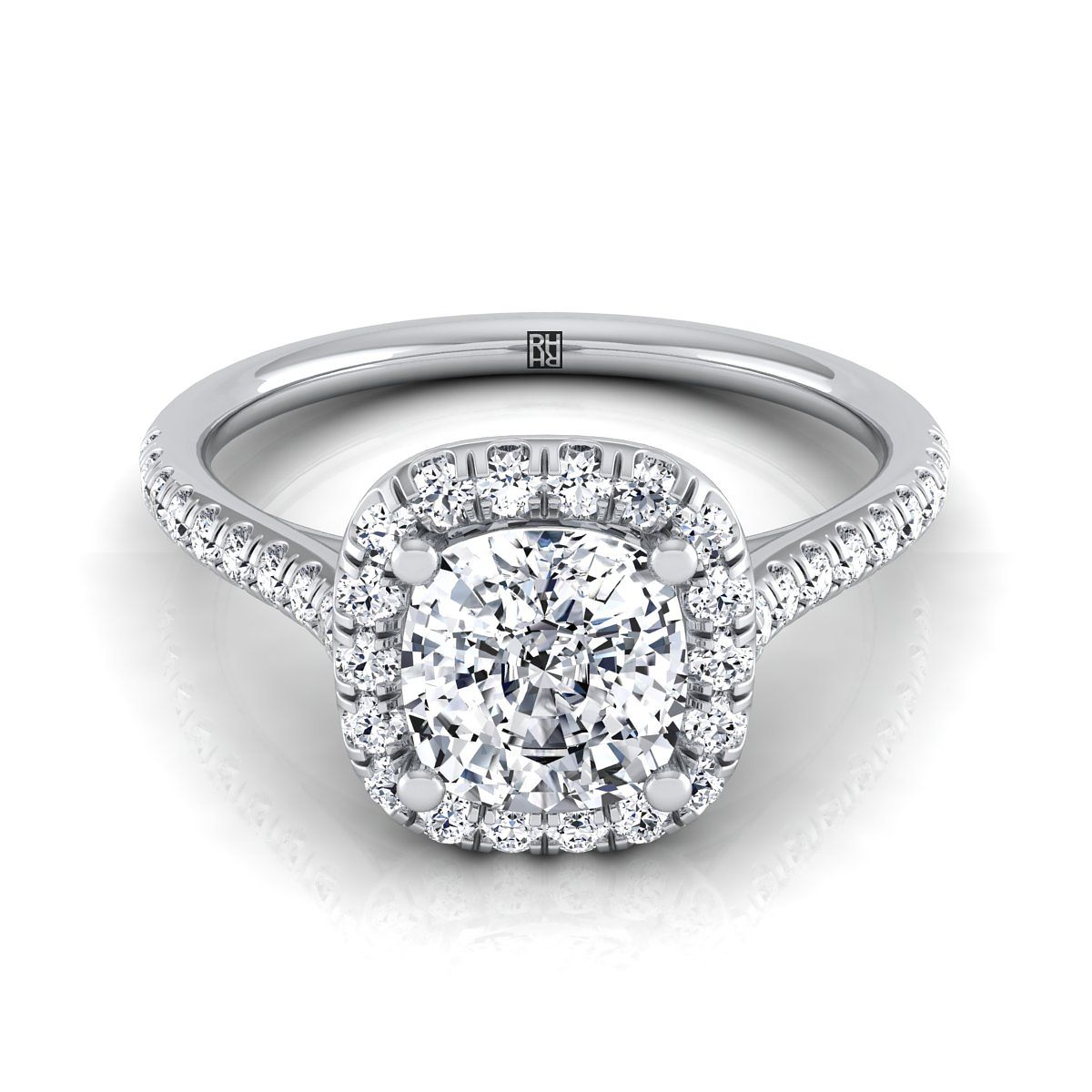 Classic Prong Halo Cushion, in Platinum, pave setting | RockHer