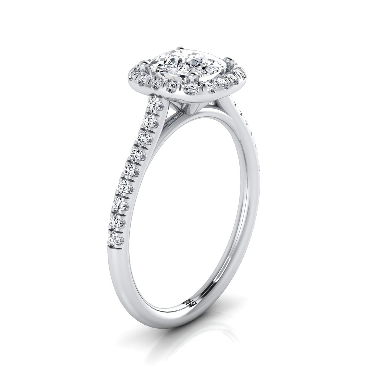 Classic Prong Halo Cushion, in Platinum, pave setting – side profile | RockHer