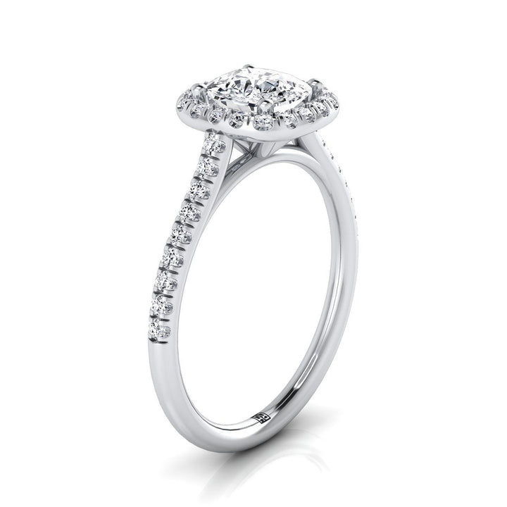 Classic Prong Halo Cushion, in Platinum, pave setting – side profile | RockHer