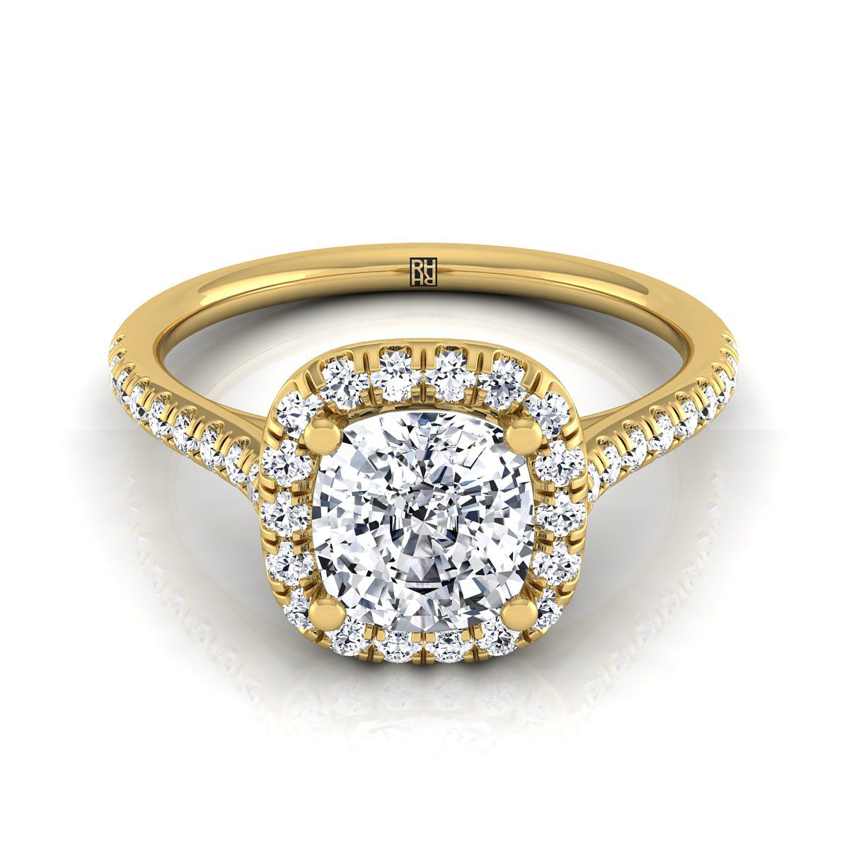 Classic Prong Halo Cushion, in 18K Yellow Gold, pave setting | RockHer