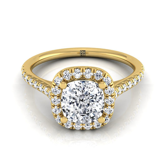 Classic Prong Halo Cushion, in 18K Yellow Gold, pave setting | RockHer