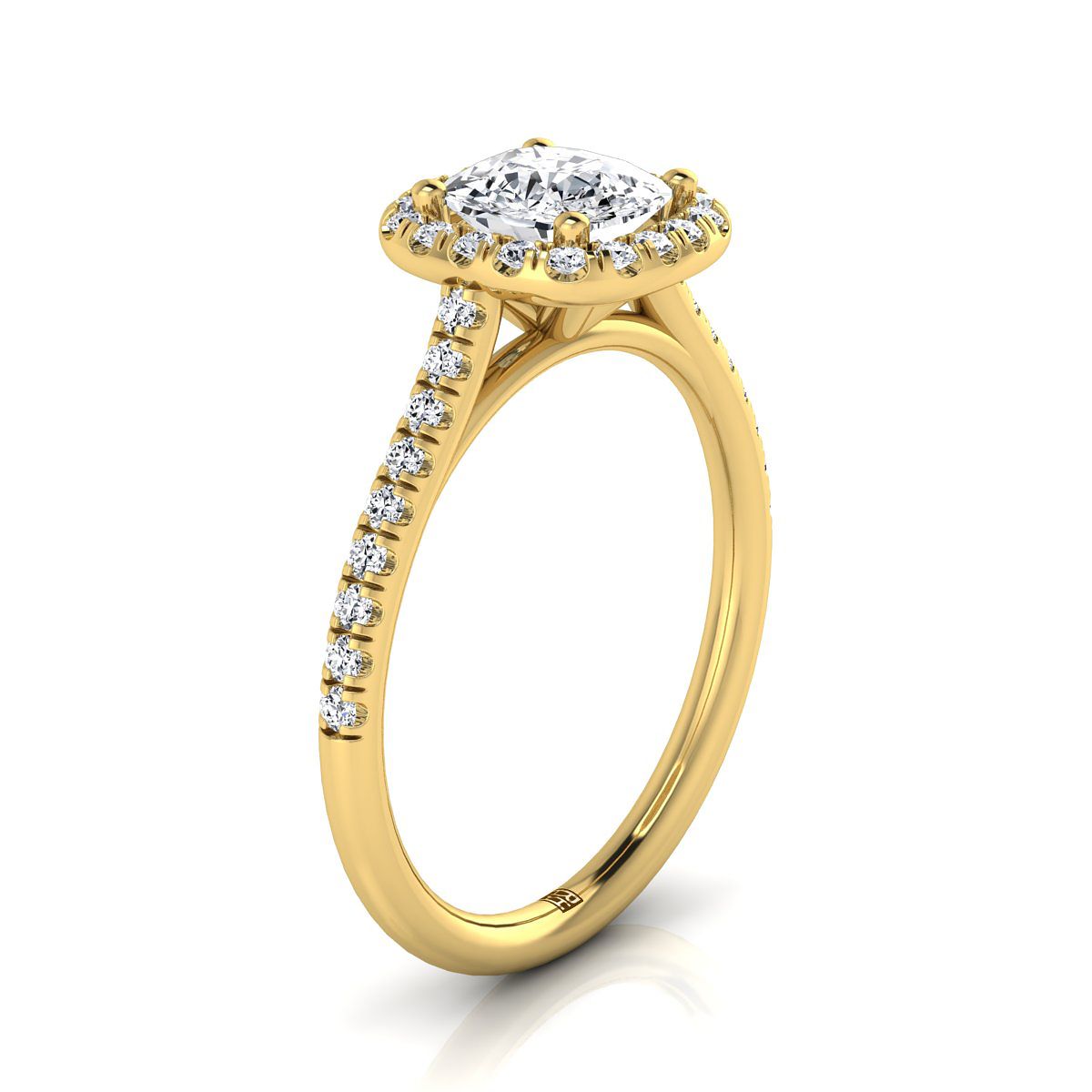 Classic Prong Halo Cushion, in 18K Yellow Gold, pave setting – side profile | RockHer
