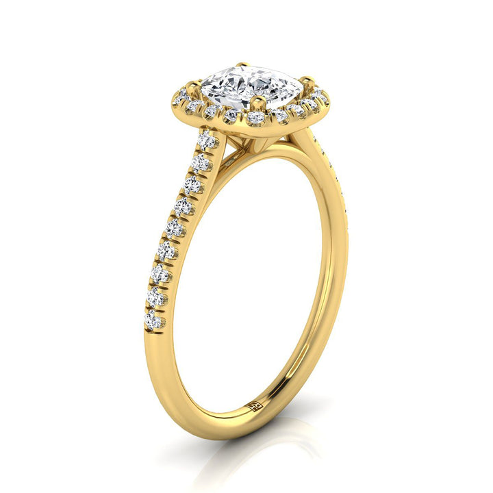 Classic Prong Halo Cushion, in 18K Yellow Gold, pave setting – side profile | RockHer
