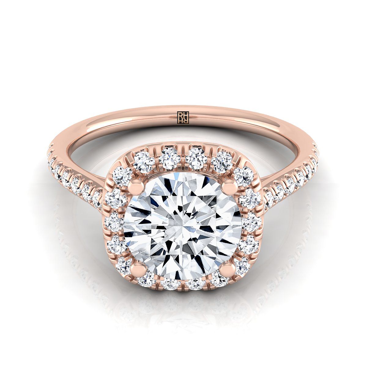Round Brilliant, Classic Prong Halo, in 14K Rose Gold, pave setting – view 8 | RockHer