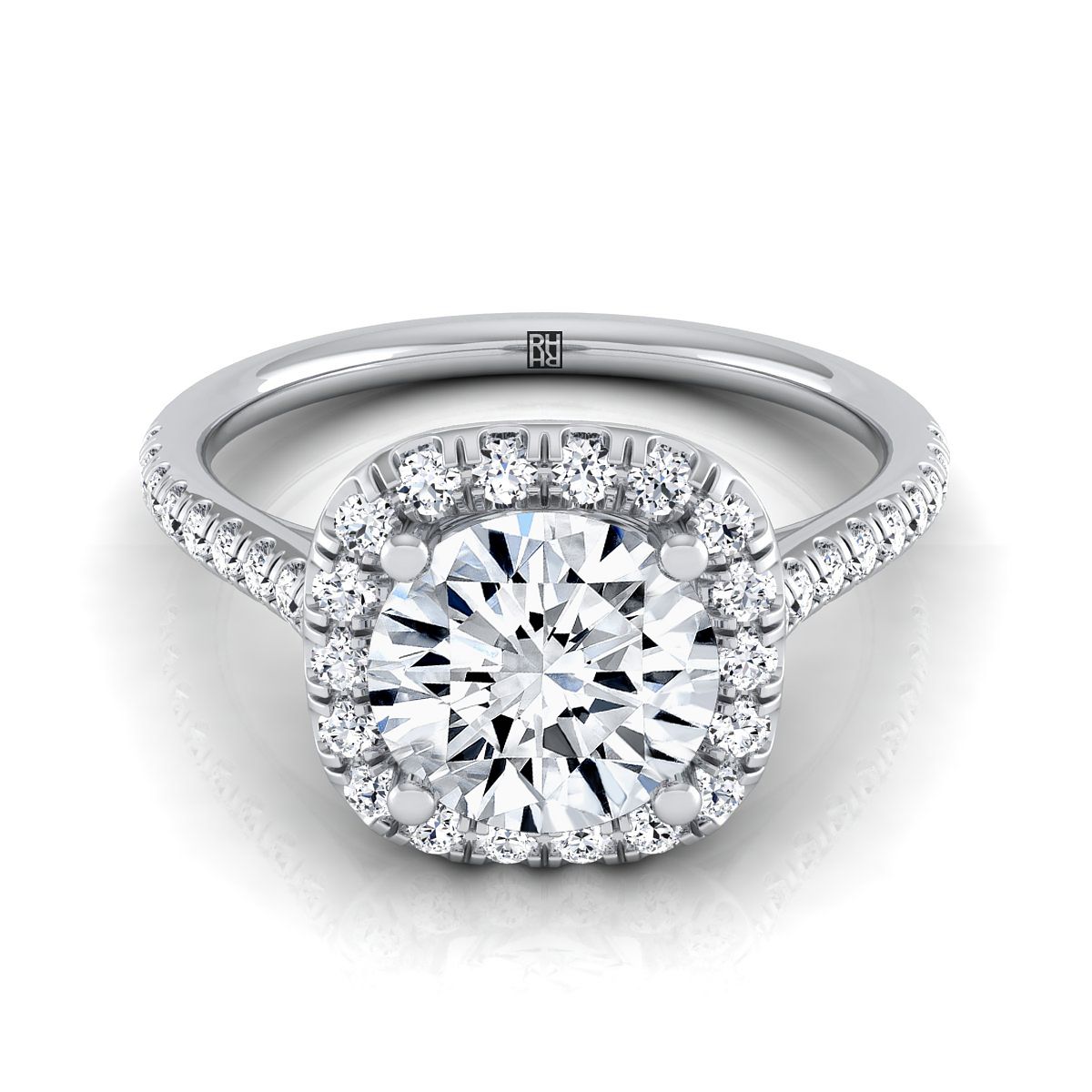 Round Brilliant, Classic Prong Halo, in Platinum, pave setting – view 8 | RockHer