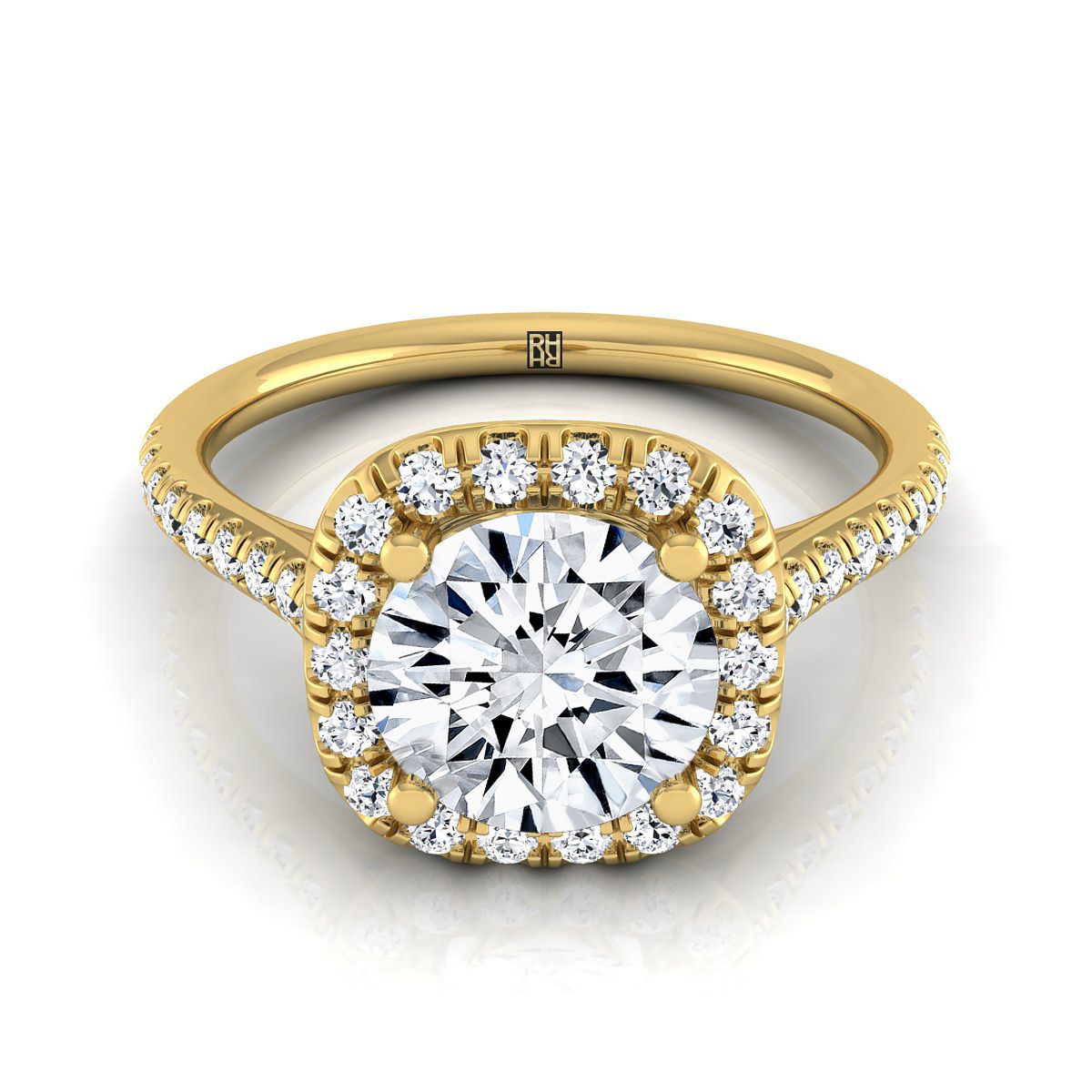 Round Brilliant, Classic Prong Halo, in 18K Yellow Gold, pave setting – view 8 | RockHer