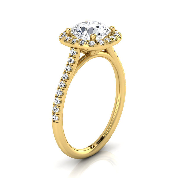 Round Brilliant, Classic Prong Halo, in 18K Yellow Gold, pave setting – view 9 | RockHer