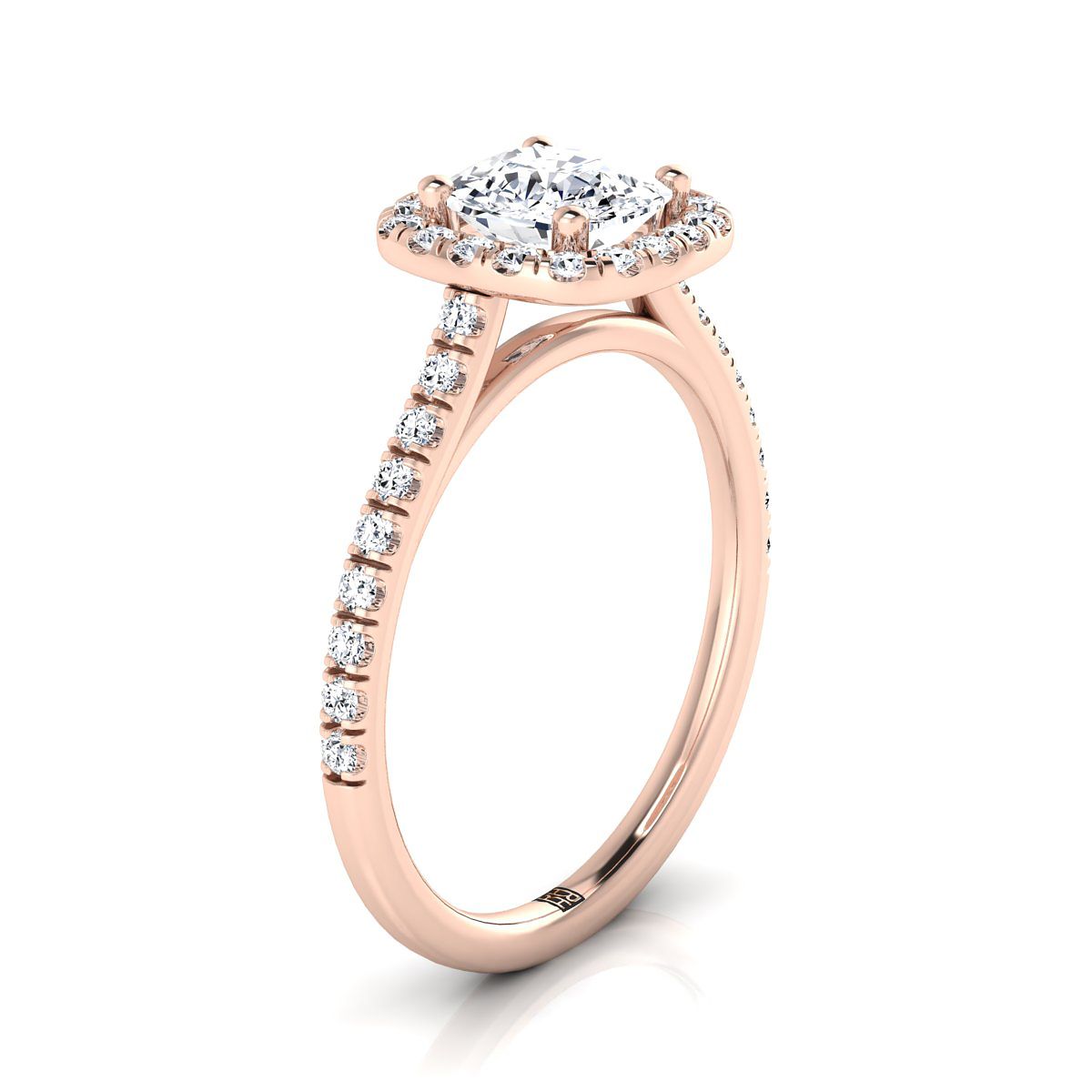 Pavé Halo Cushion, in 14K Rose Gold, pave setting – side profile | RockHer