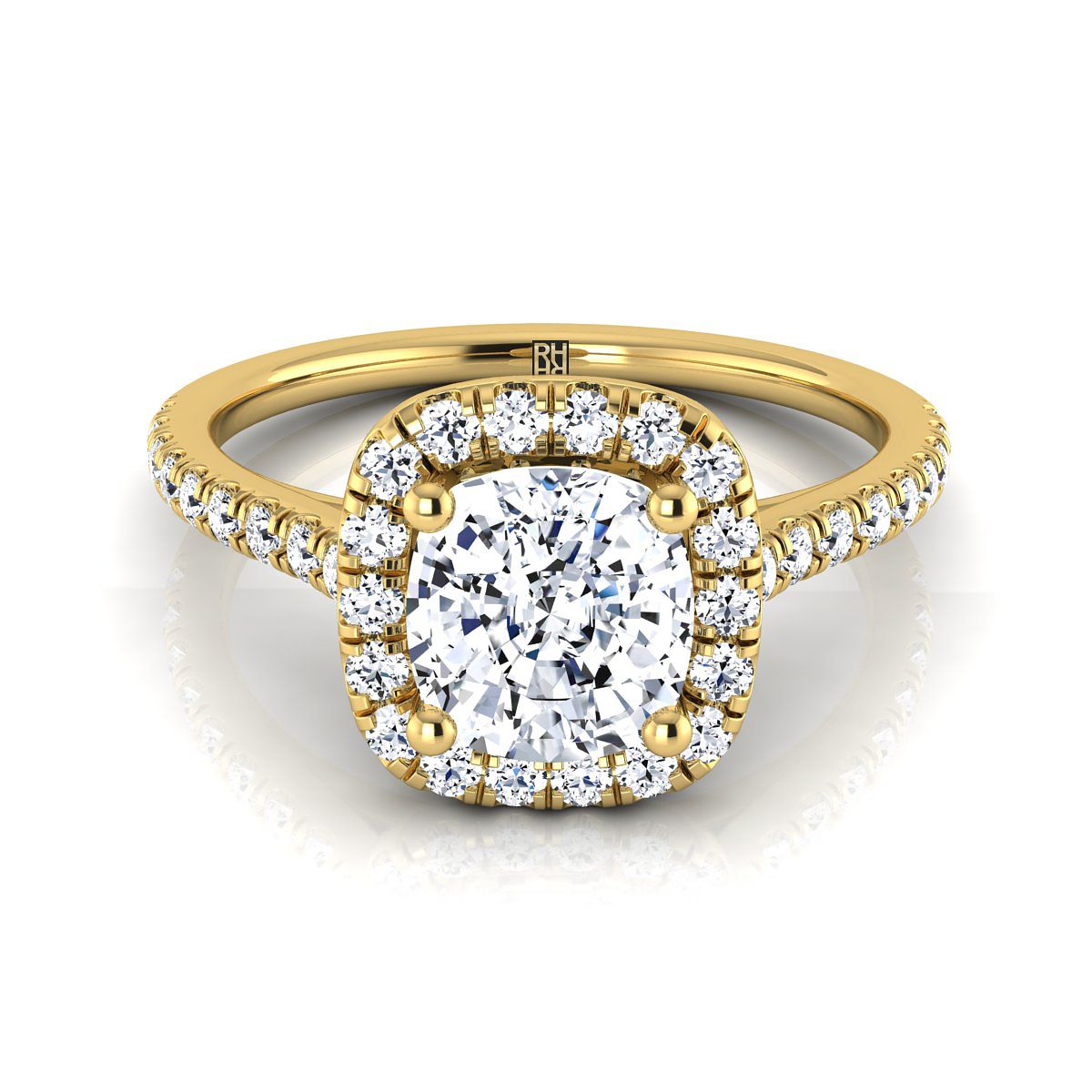 แหวนหมั้นทองคำเหลือง 18K ทรงหมอน ประดับเพชรแบบปาเว่ ฮาโล -1/3ctw