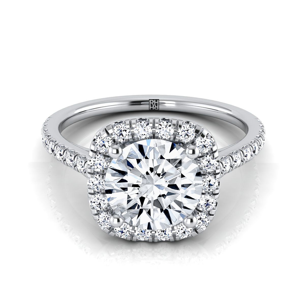 Round Brilliant, Pavé Halo, in 18K White Gold, pave setting | RockHer