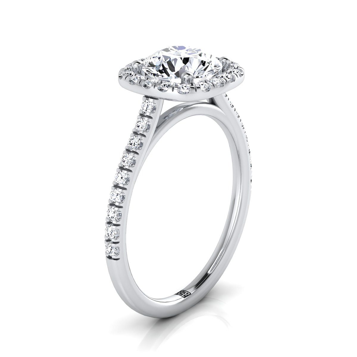 Round Brilliant, Pavé Halo, in 18K White Gold, pave setting – side profile | RockHer