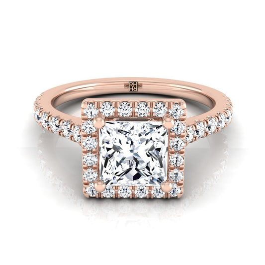 Shared Prong Pavé Halo Princess, in 14K Rose Gold, pave setting | RockHer