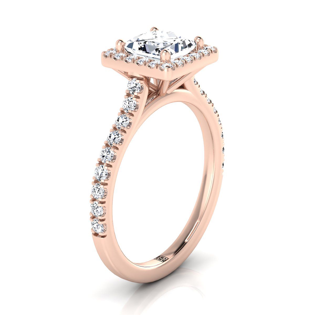 Shared Prong Pavé Halo Princess, in 14K Rose Gold, pave setting – side profile | RockHer