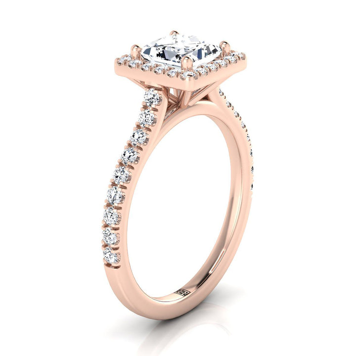 Shared Prong Pavé Halo Princess, in 14K Rose Gold, pave setting – side profile | RockHer