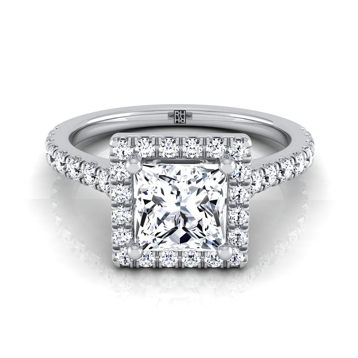 Shared Prong Pavé Halo Princess, in 18K White Gold, pave setting – view 8 | RockHer