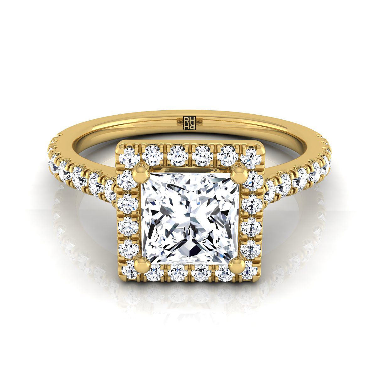 Shared Prong Pavé Halo Princess, in 18K Yellow Gold, pave setting | RockHer