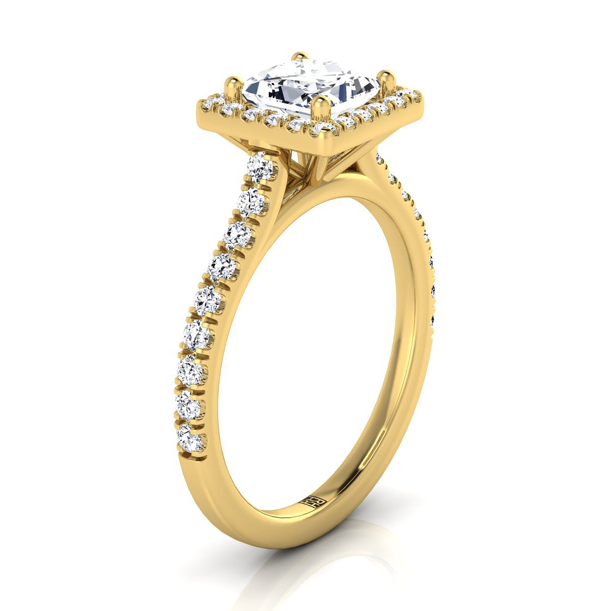 แหวนหมั้นเพชรทรงเจ้าหญิง 14K ทองเหลืองพร้อมฮาโลว์เม็ดเพชรแบบหนีบร่วมและฝรั่งเศสปาเว่ - 3/8ctw