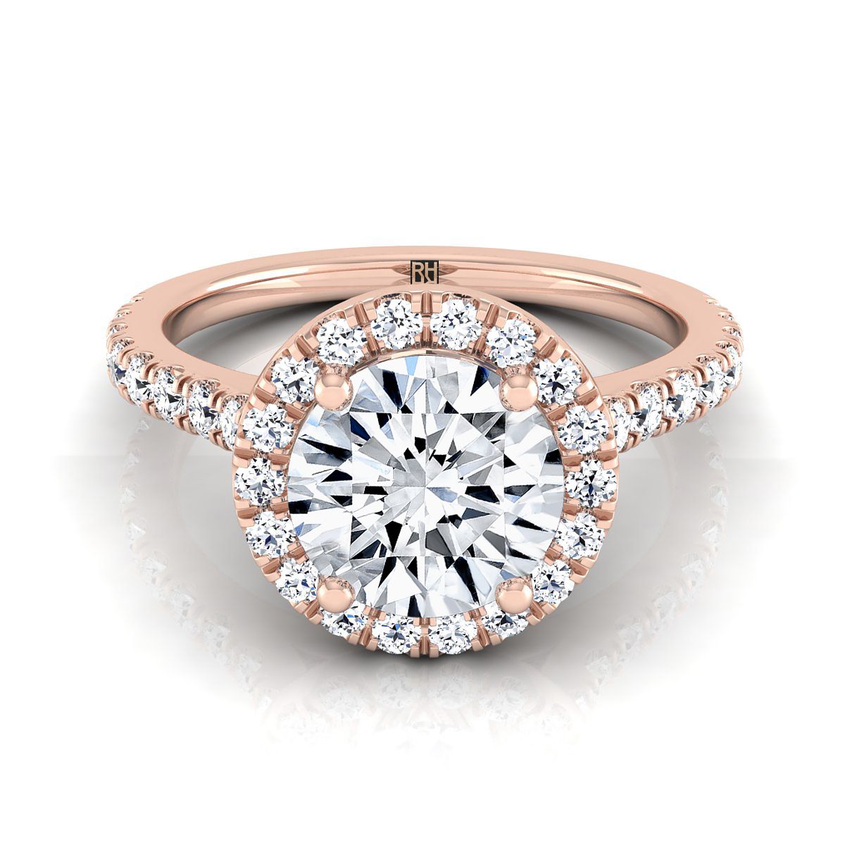 Round Brilliant, Shared Prong Pavé Halo, in 14K Rose Gold, pave setting | RockHer
