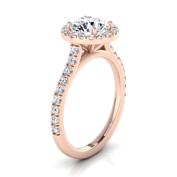 Round Brilliant, Shared Prong Pavé Halo, in 14K Rose Gold, pave setting – side profile | RockHer