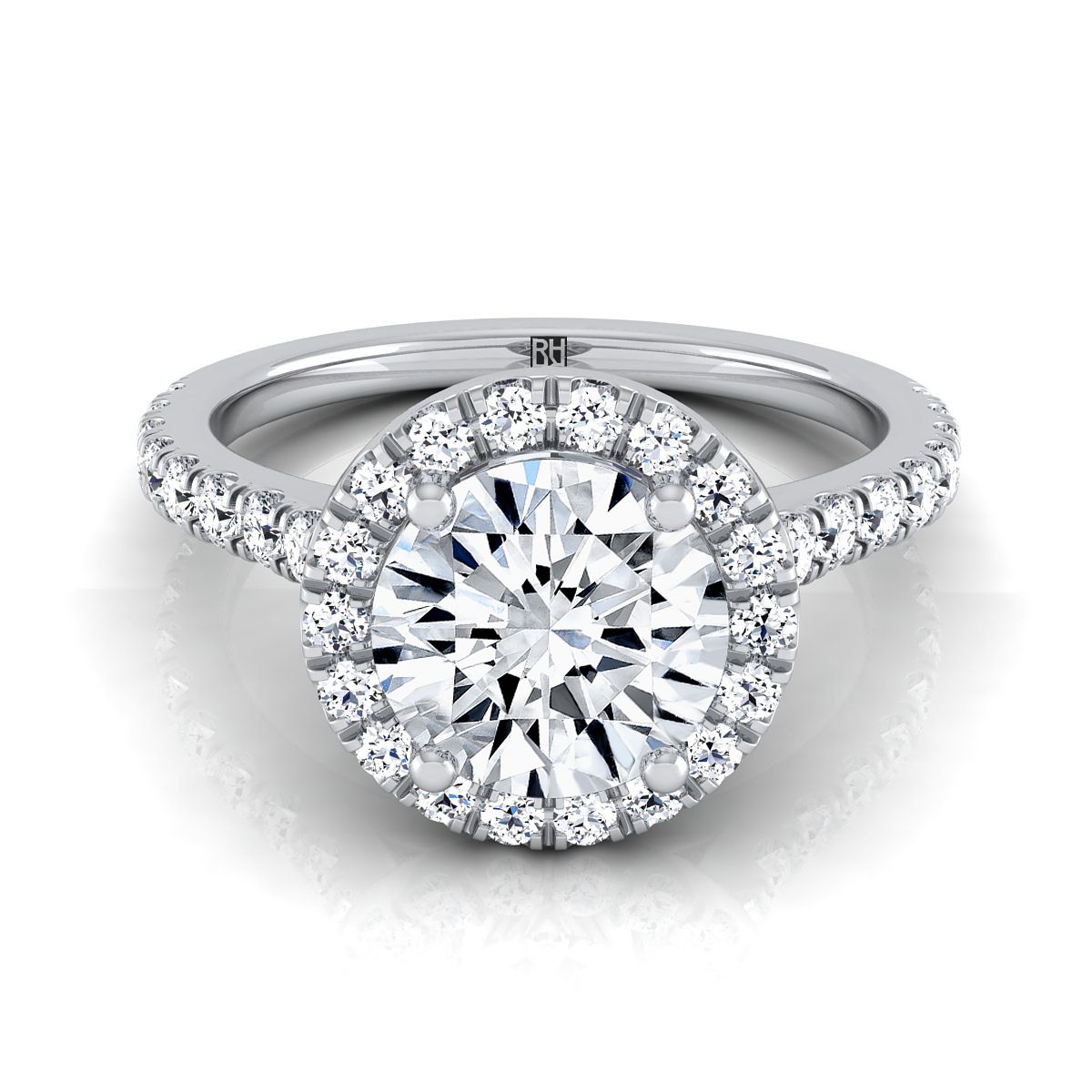 Round Brilliant, Shared Prong Pavé Halo, in 18K White Gold, pave setting | RockHer
