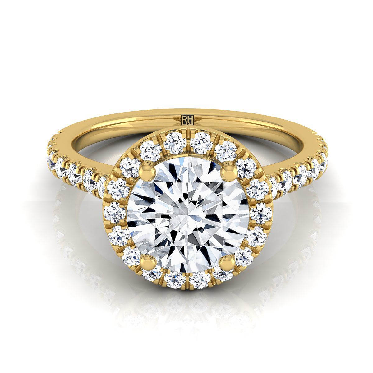 Round Brilliant, Shared Prong Pavé Halo, in 18K Yellow Gold, pave setting | RockHer