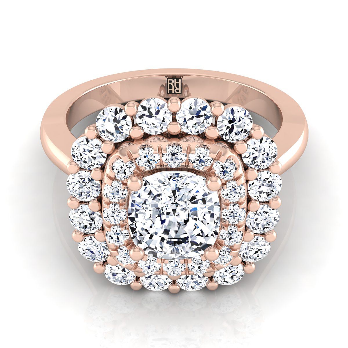 Double Halo Sunburst Cushion, in 14K Rose Gold, pave setting | RockHer