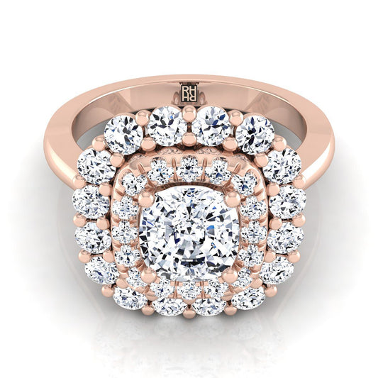 Double Halo Sunburst Cushion, in 14K Rose Gold, pave setting | RockHer