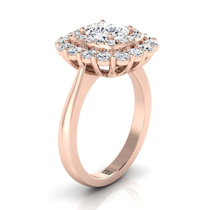Double Halo Sunburst Cushion, in 14K Rose Gold, pave setting – side profile | RockHer