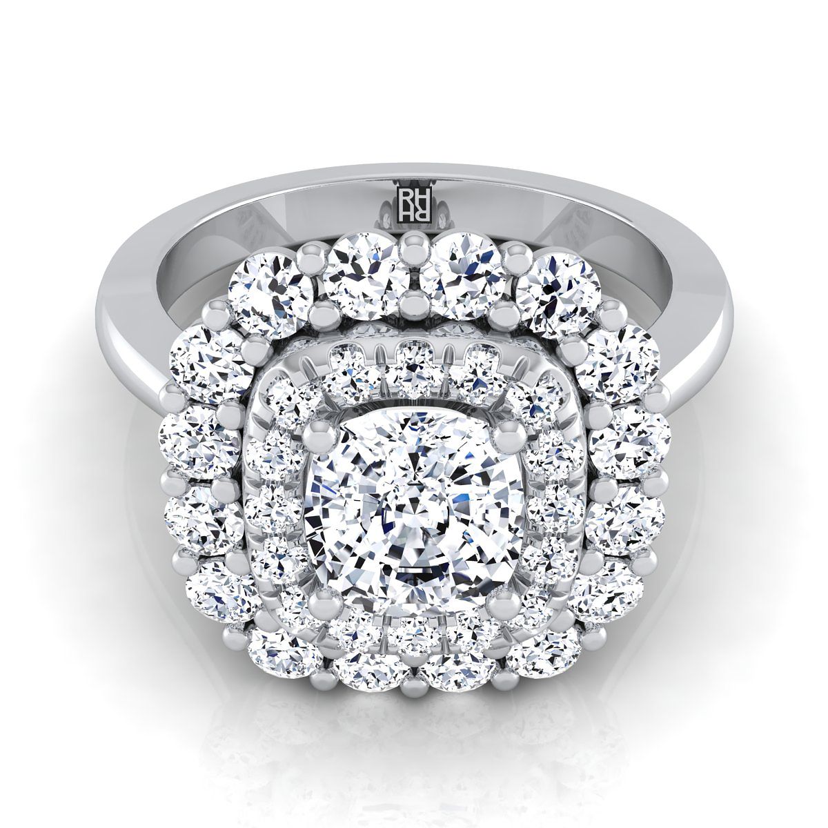 Double Halo Sunburst Cushion, in Platinum, pave setting | RockHer