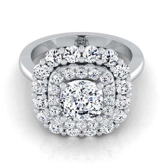 Double Halo Sunburst Cushion, in Platinum, pave setting | RockHer