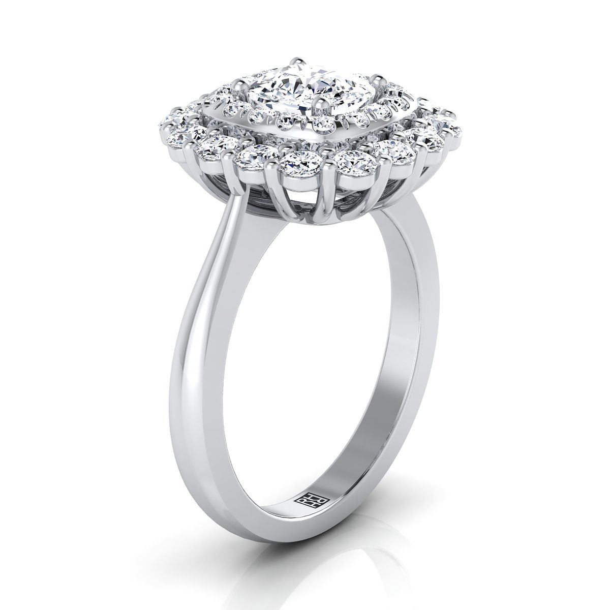 Double Halo Sunburst Cushion, in Platinum, pave setting – side profile | RockHer