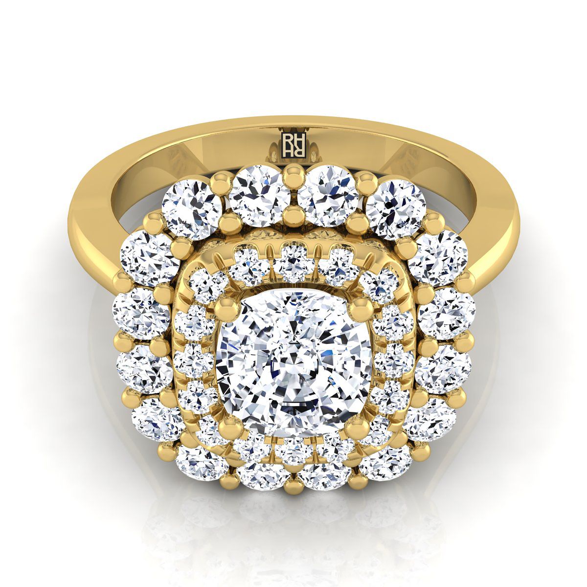 Double Halo Sunburst Cushion, in 18K Yellow Gold, pave setting | RockHer