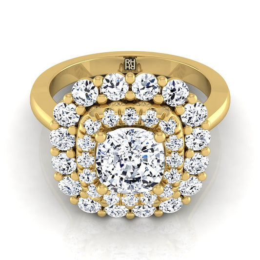 Double Halo Sunburst Cushion, in 18K Yellow Gold, pave setting | RockHer