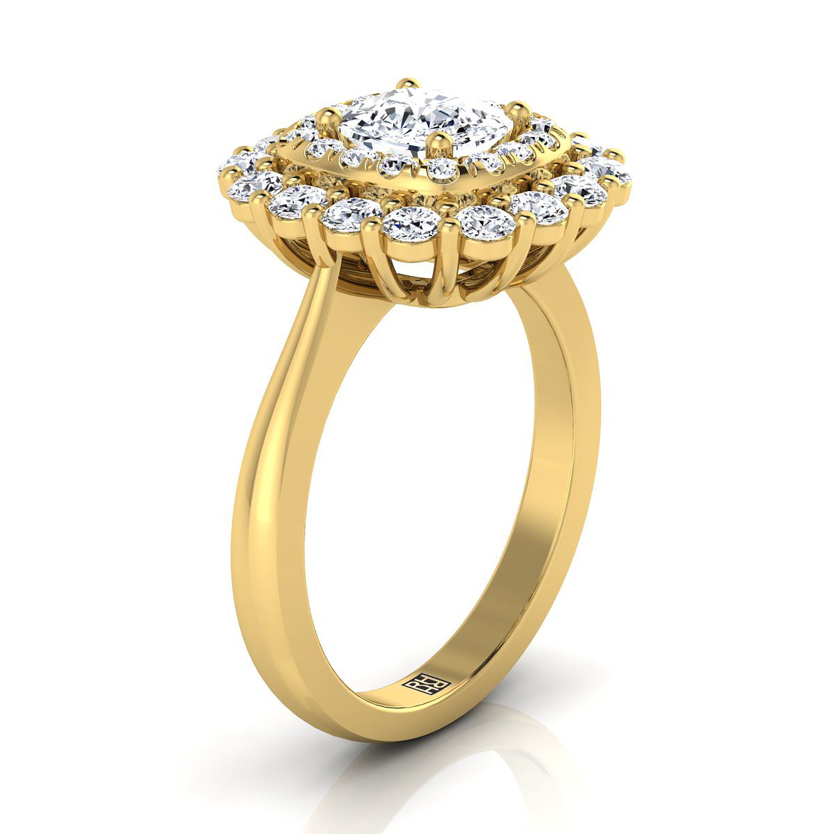Double Halo Sunburst Cushion, in 18K Yellow Gold, pave setting – side profile | RockHer