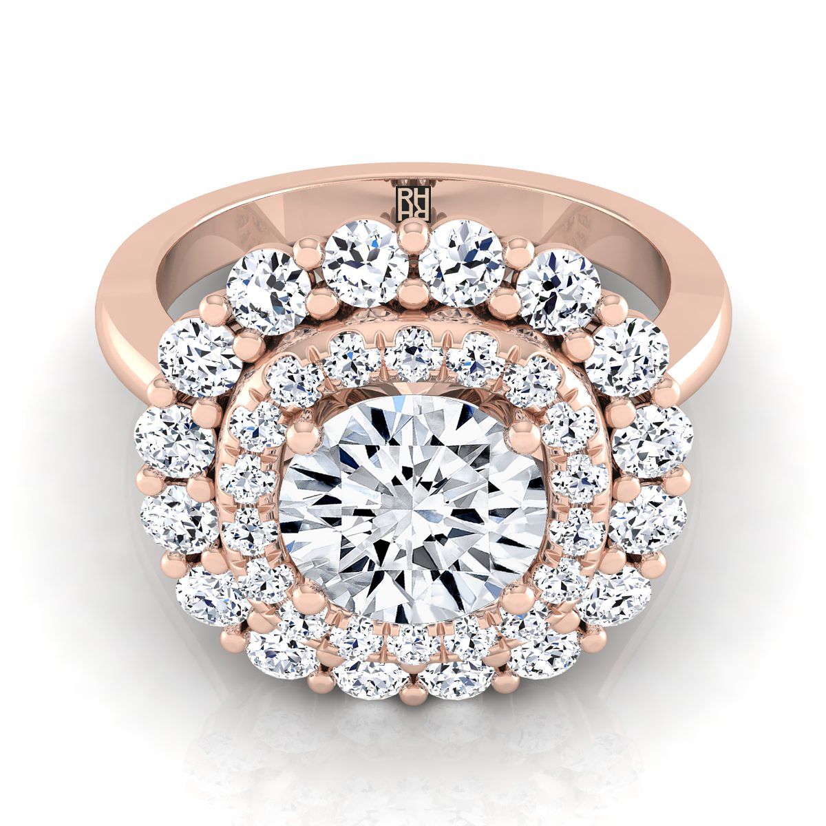 Round Brilliant, Double Halo Sunburst, in 14K Rose Gold, pave setting | RockHer