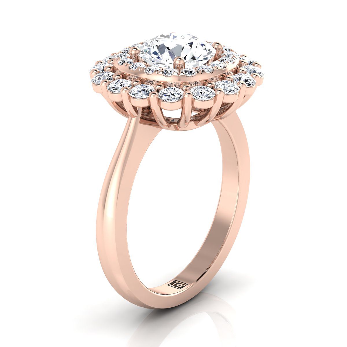 Round Brilliant, Double Halo Sunburst, in 14K Rose Gold, pave setting – side profile | RockHer