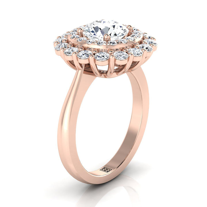 Round Brilliant, Double Halo Sunburst, in 14K Rose Gold, pave setting – side profile | RockHer
