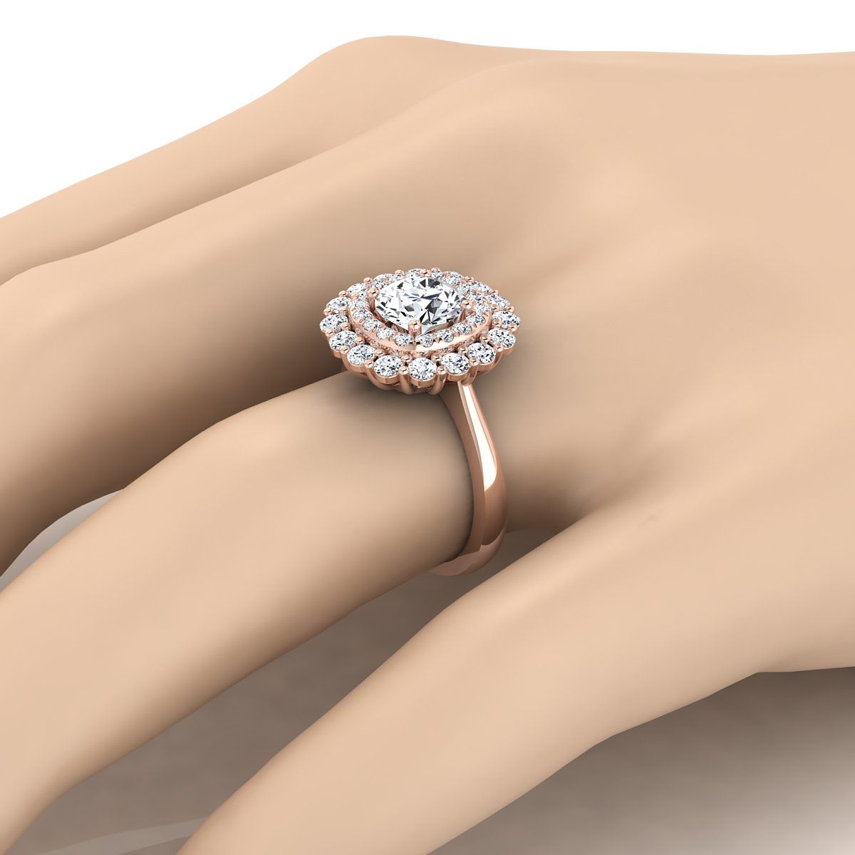 Round Brilliant, Double Halo Sunburst, in 14K Rose Gold, pave setting – detail view | RockHer