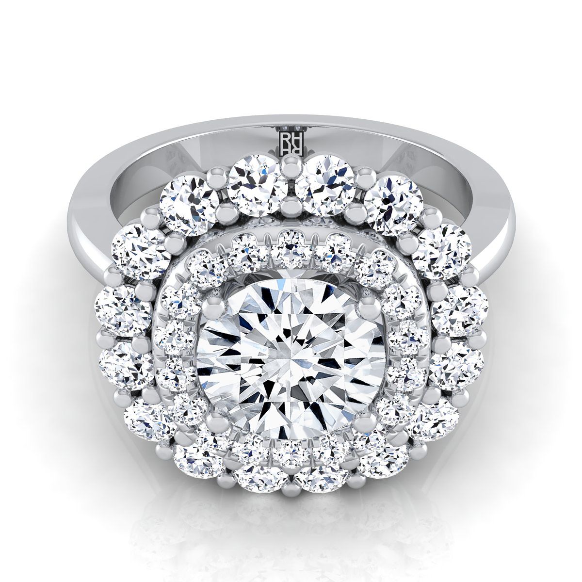 Round Brilliant, Double Halo Sunburst, in Platinum, pave setting – view 8 | RockHer