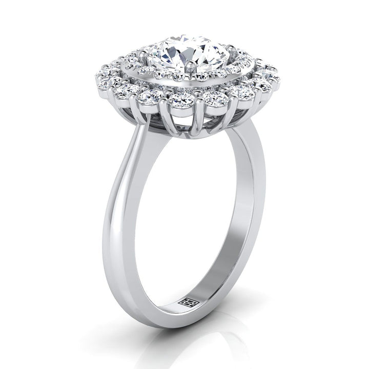 Round Brilliant, Double Halo Sunburst, in 18K White Gold, pave setting – view 9 | RockHer