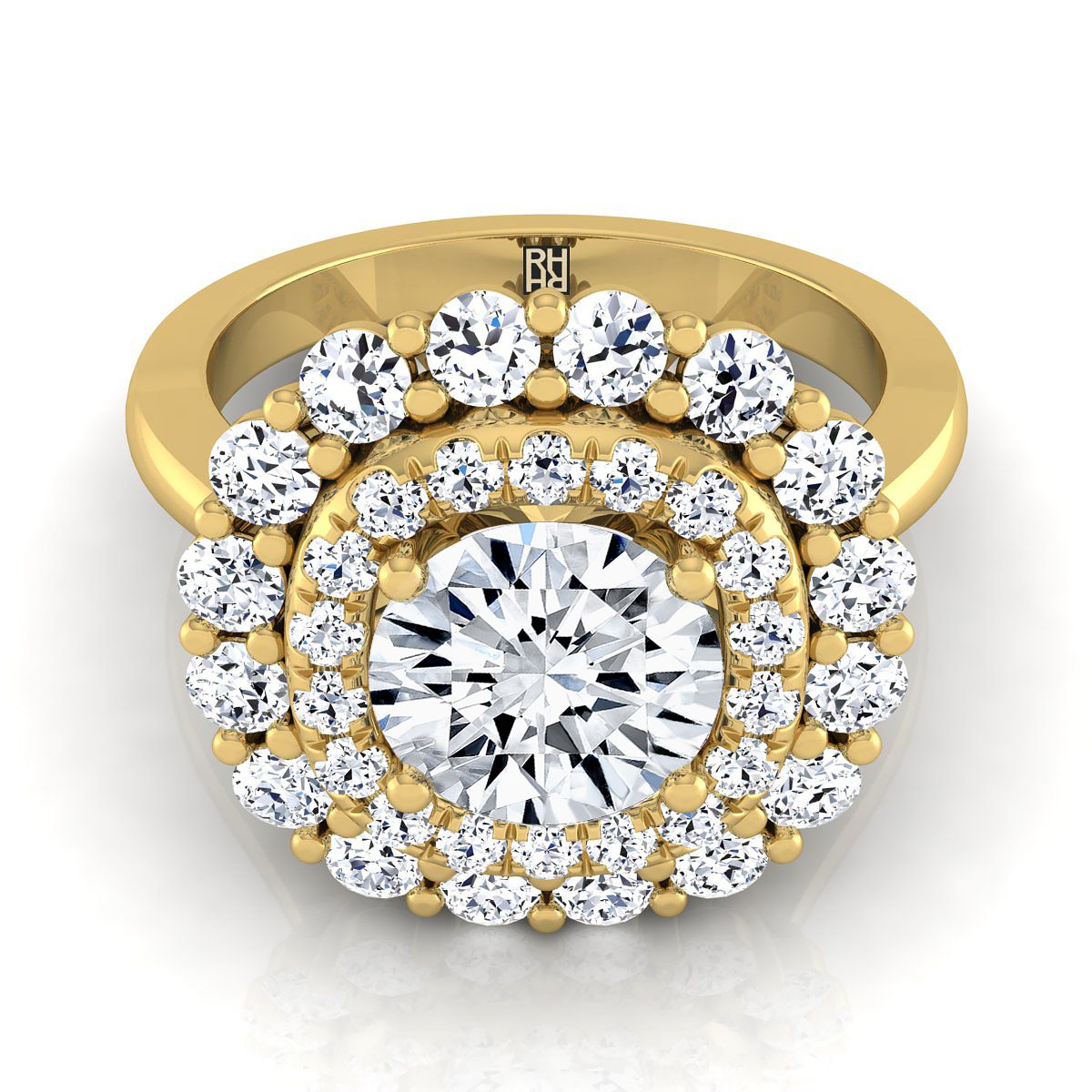Round Brilliant, Double Halo Sunburst, in 18K Yellow Gold, pave setting | RockHer