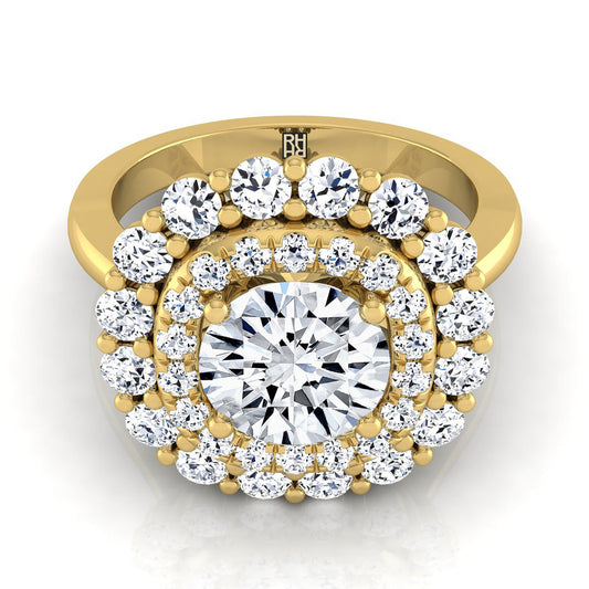 Round Brilliant, Double Halo Sunburst, in 18K Yellow Gold, pave setting | RockHer