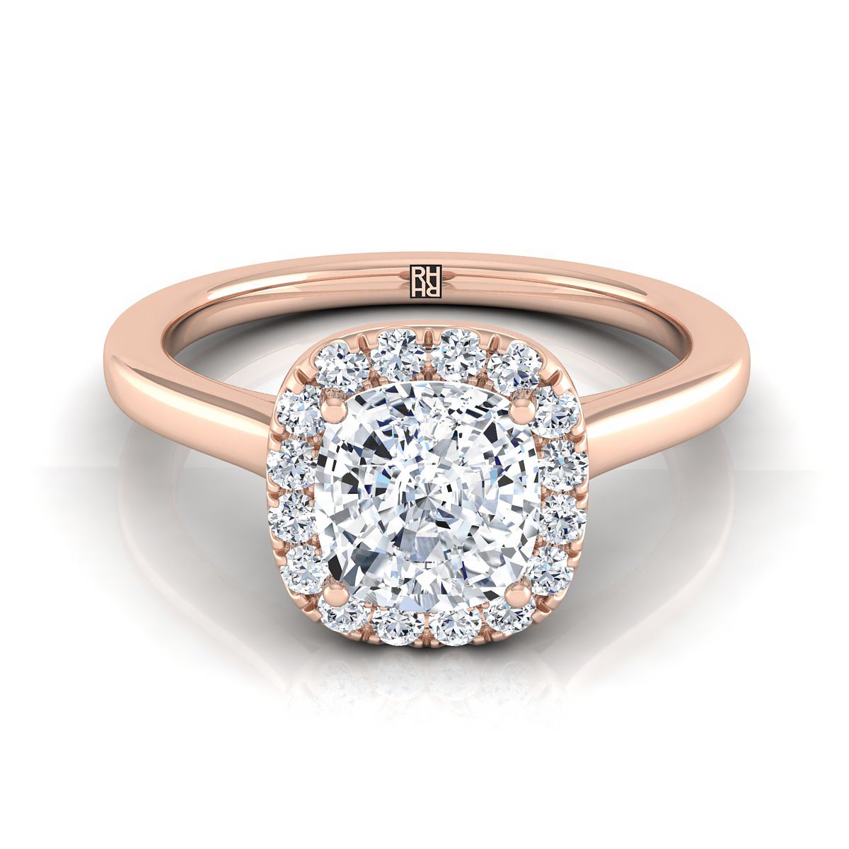 Modern French Pavé Halo Cushion, in 14K Rose Gold, pave setting | RockHer