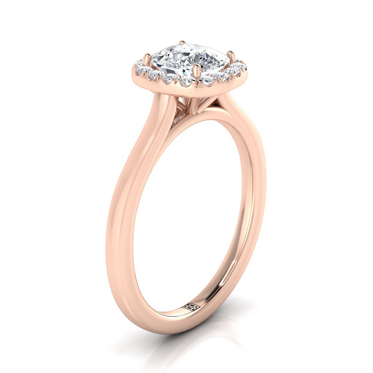 Modern French Pavé Halo Cushion, in 14K Rose Gold, pave setting – side profile | RockHer