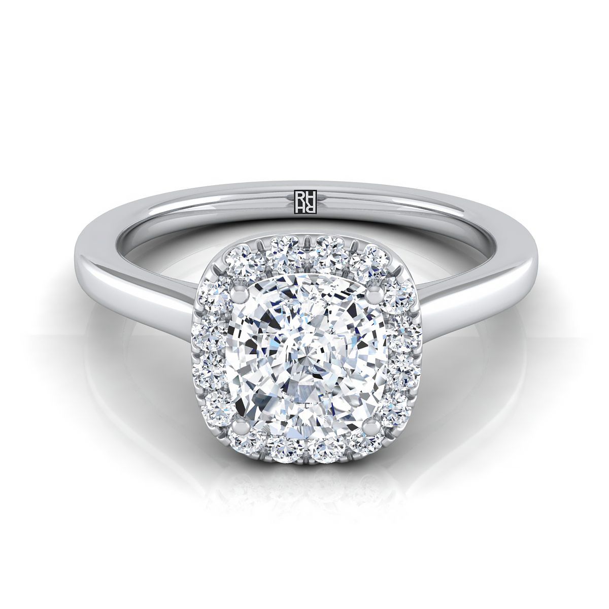 Modern French Pavé Halo Cushion, in 18K White Gold, pave setting | RockHer