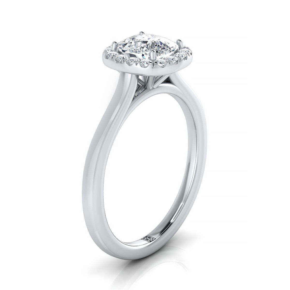Modern French Pavé Halo Cushion, in Platinum, pave setting – side profile | RockHer