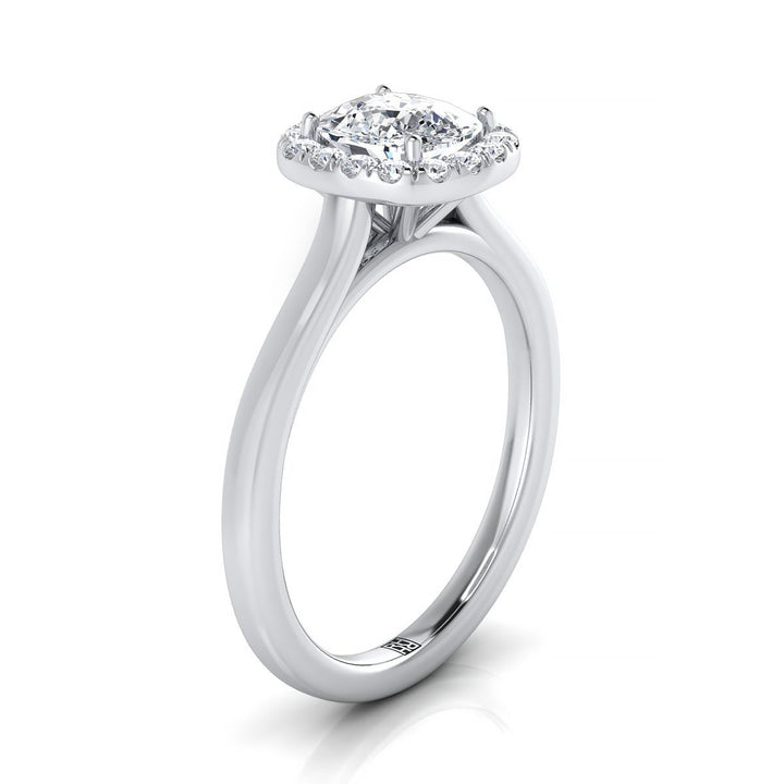 Modern French Pavé Halo Cushion, in Platinum, pave setting – side profile | RockHer