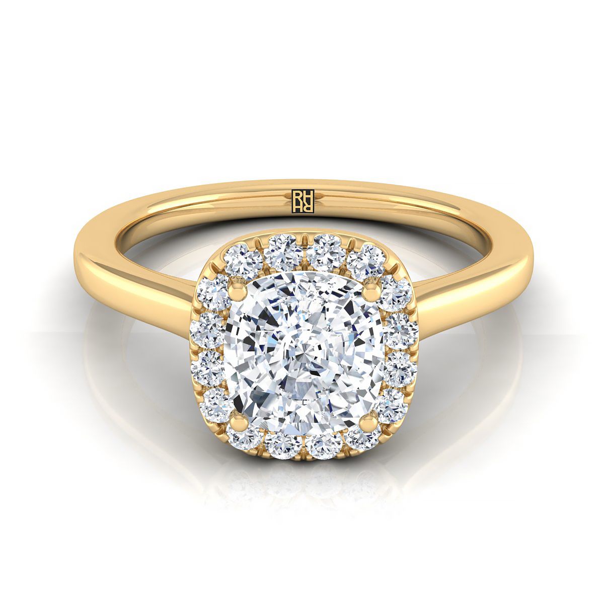Modern French Pavé Halo Cushion, in 18K Yellow Gold, pave setting | RockHer