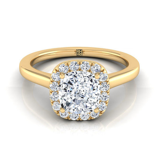 Modern French Pavé Halo Cushion, in 18K Yellow Gold, pave setting | RockHer